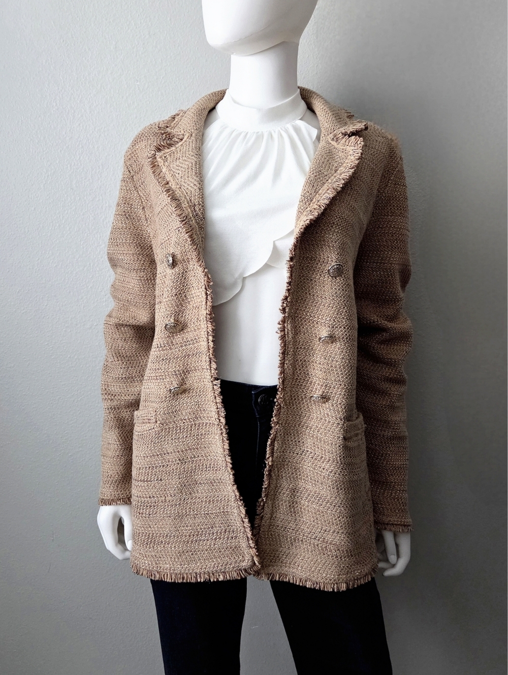 Chico's Metallic Tweed Sweater Blazer, Super Soft Layering Piece Tan & Gold LG - Picture 15 of 16